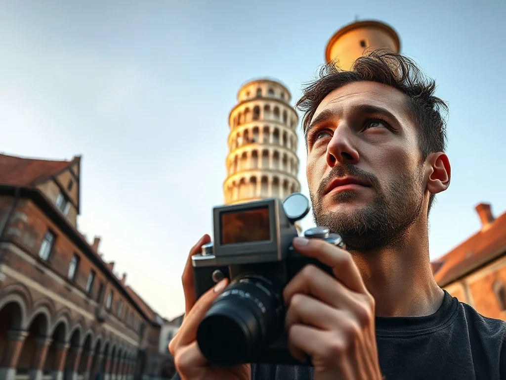 Turysta z aparatem fotograficznym podziwiający Krzywą Wieżę w Ząbkowicach Śląskich w świetle zachodzącego słońca.