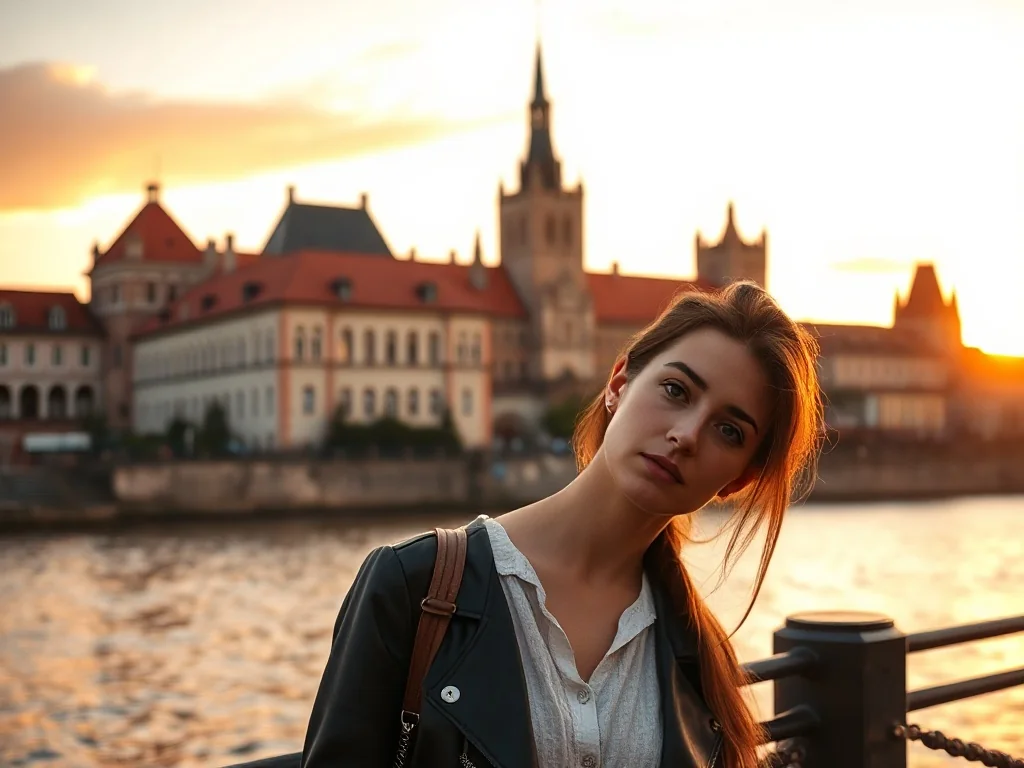 Kobieta podziwiająca Zamek Królewski na Wawelu o zachodzie słońca. Widok na historyczną architekturę nad brzegiem Wisły.