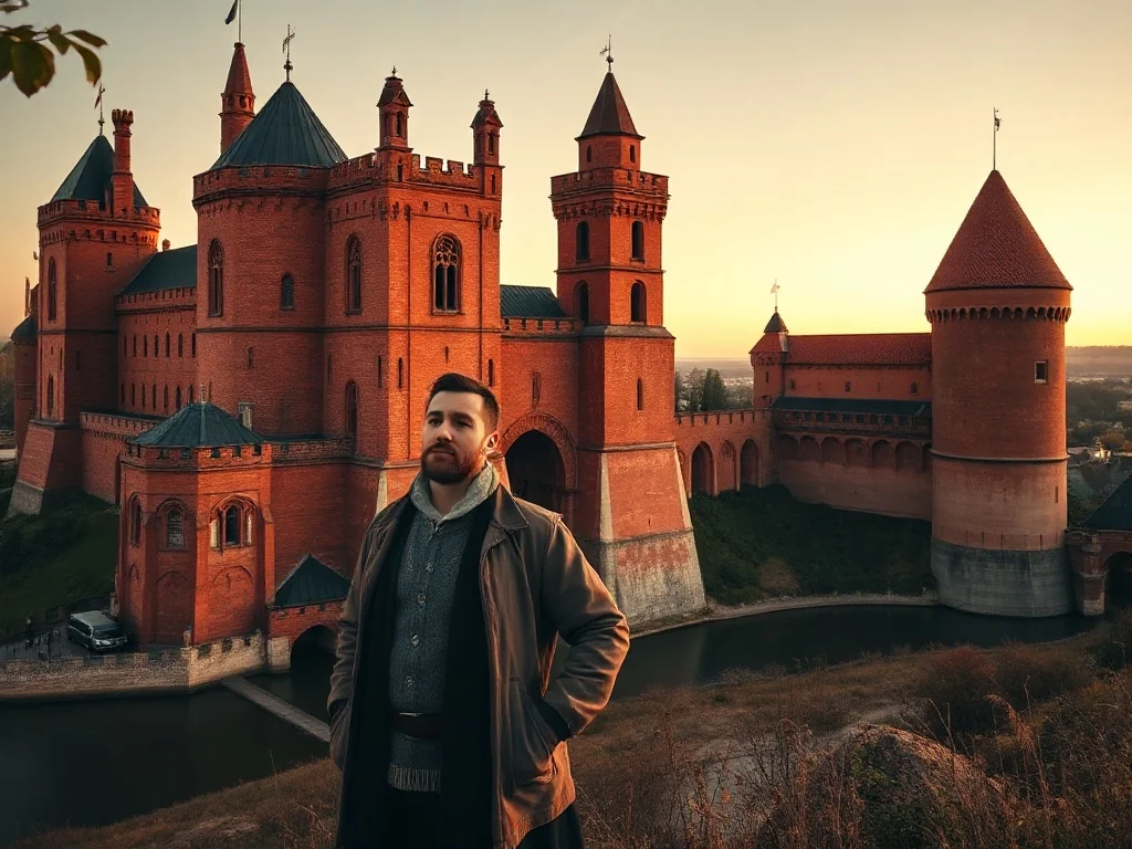 Widok na monumentalny zamek w Malborku o zachodzie słońca z turystą w średniowiecznym stroju na pierwszym planie.