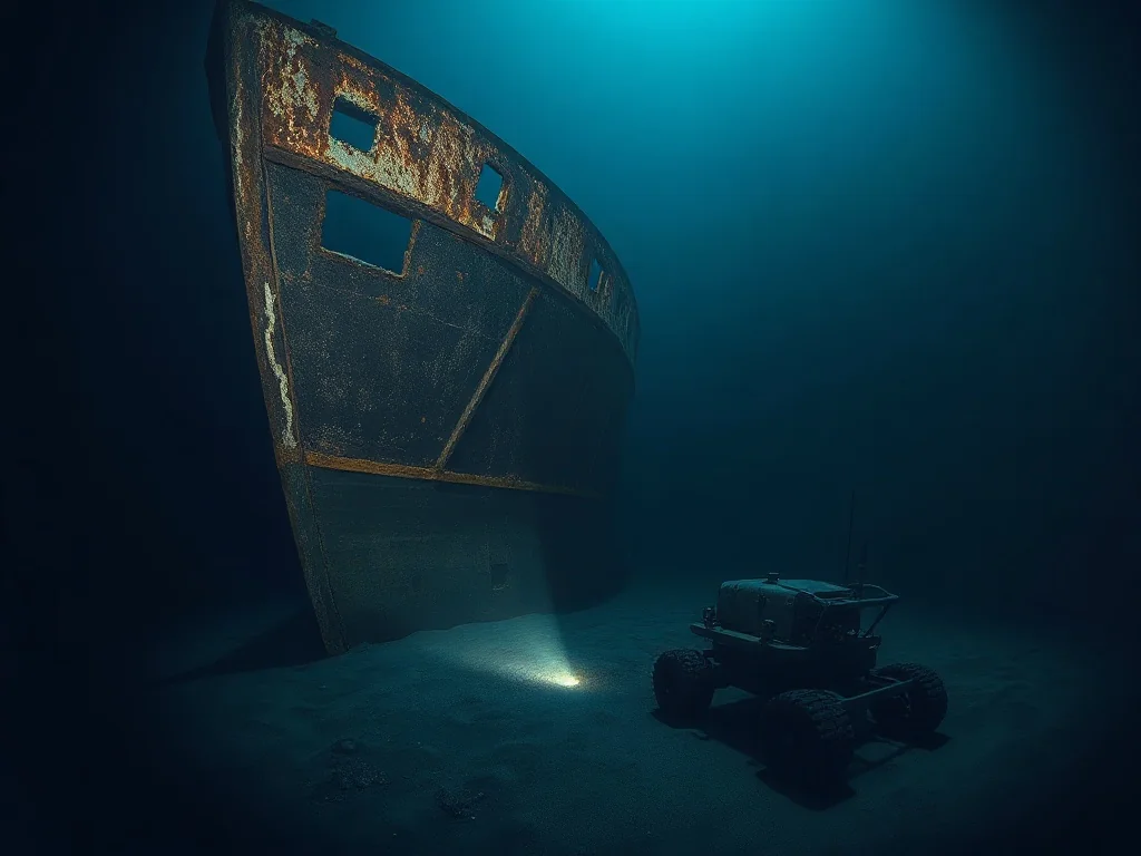 Zardzewiały dziób wraku Titanica na dnie oceanu, oświetlony przez zdalnie sterowany pojazd podwodny.