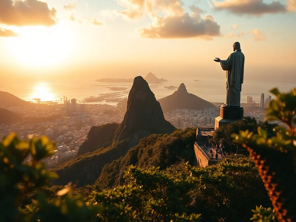 Statua Chrystusa Odkupiciela na górze Corcovado w Rio de Janeiro o zachodzie słońca, z widokiem na panoramę miasta i ocean.