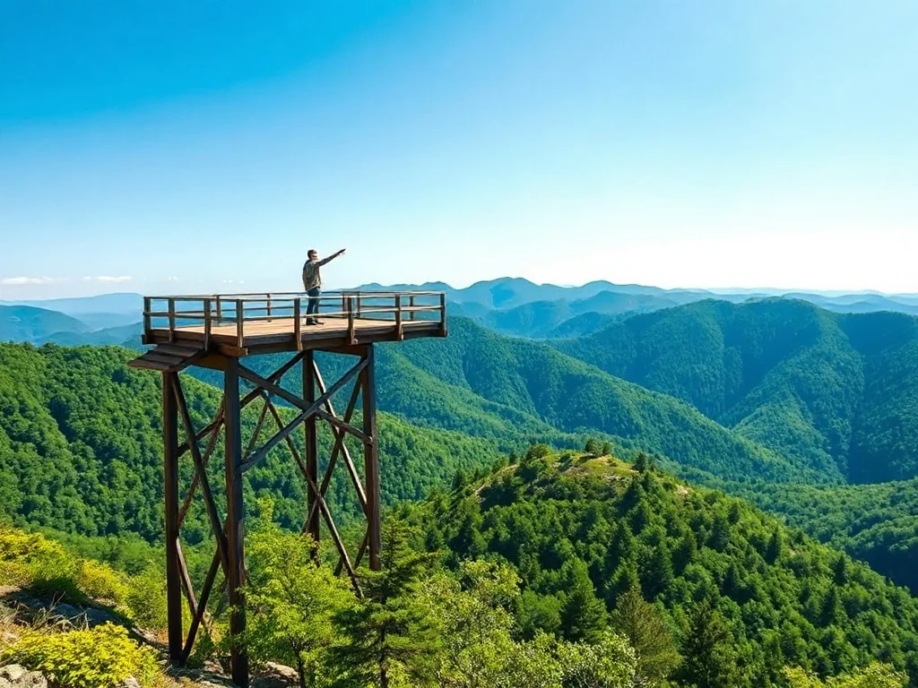 Mężczyzna wskazuje panoramę gór z drewnianej wieży widokowej otoczonej bujnym lasem.